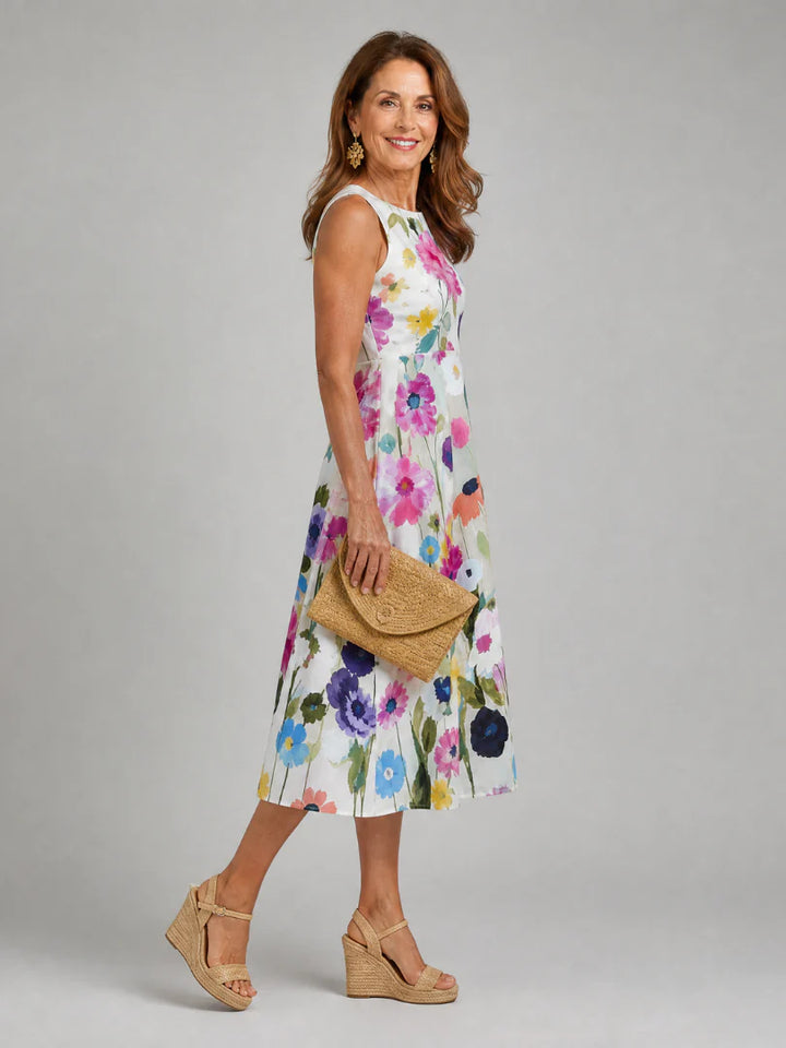 Daisy - Chic Women's Summer Midi Dress with Crew Neck and Vibrant Floral Print