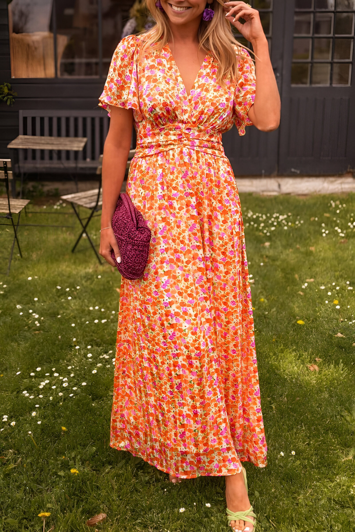 Daisy - Flowy Women's Summer Maxi Dress with V Neck and Ruched Waist