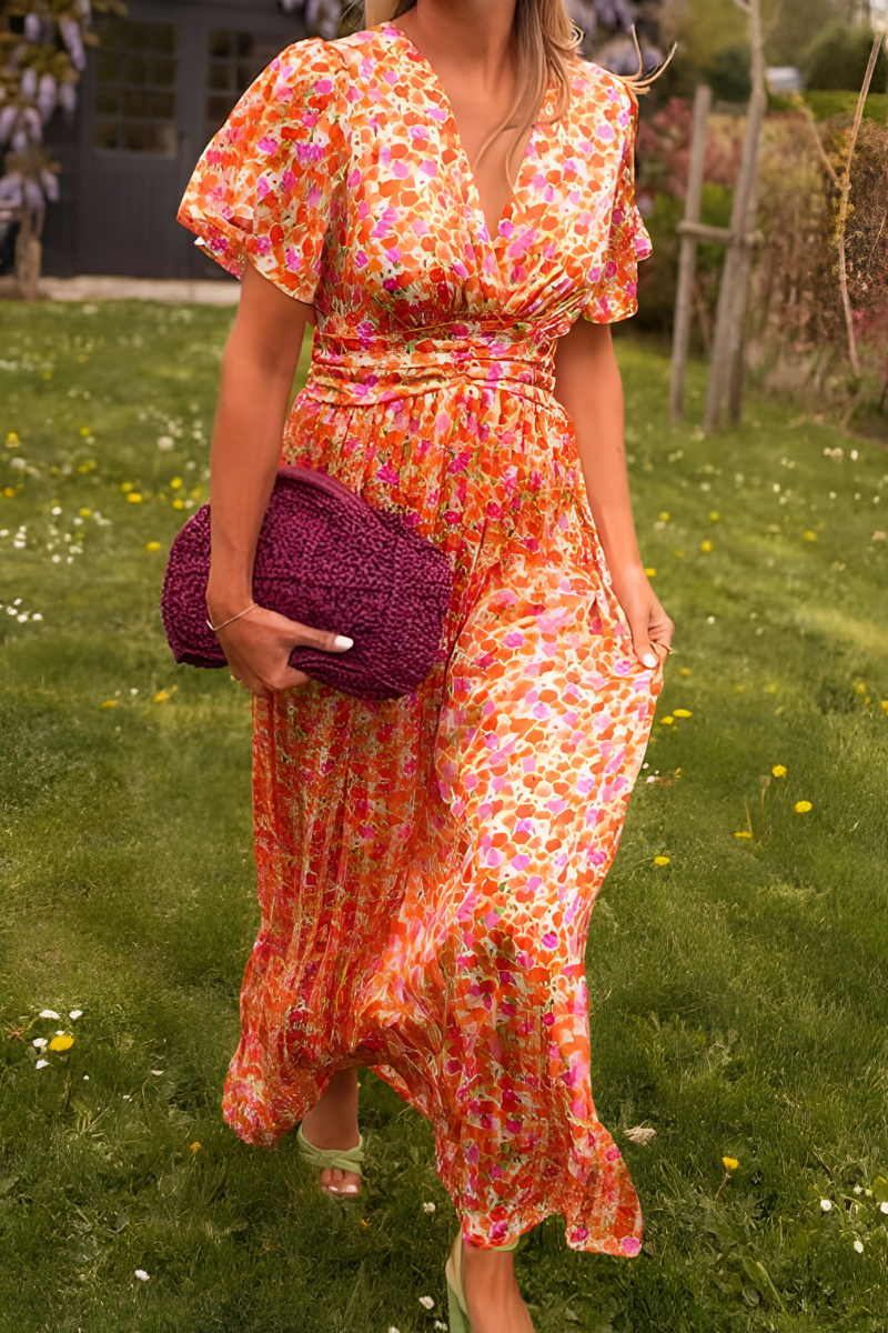 Daisy - Flowy Women's Summer Maxi Dress with V Neck and Ruched Waist