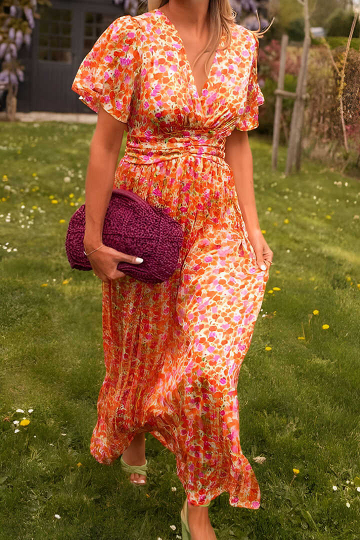 Daisy - Flowy Women's Summer Maxi Dress with V Neck and Ruched Waist