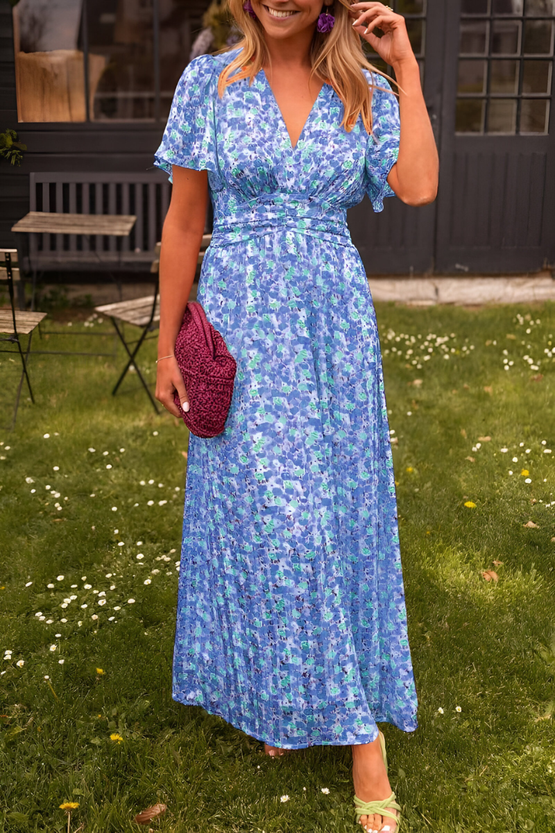 Daisy - Flowy Women's Summer Maxi Dress with V Neck and Ruched Waist