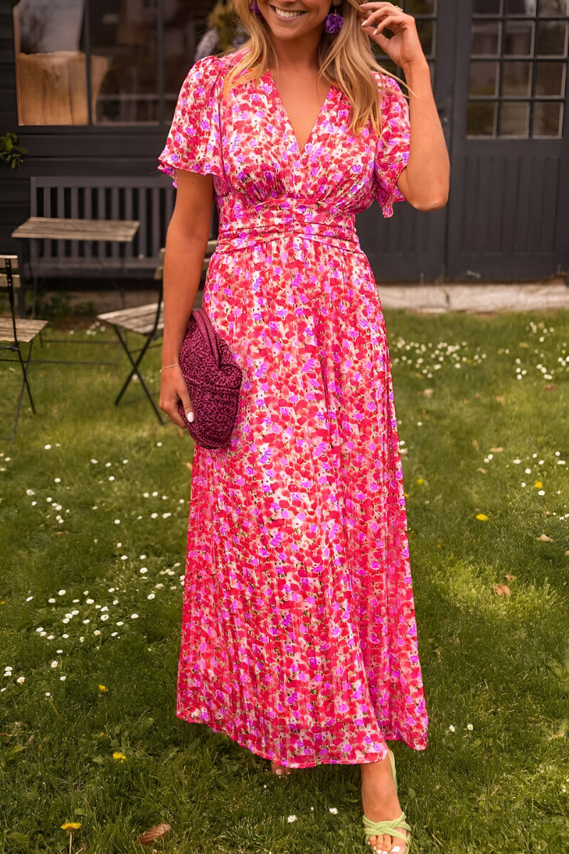 Daisy - Flowy Women's Summer Maxi Dress with V Neck and Ruched Waist