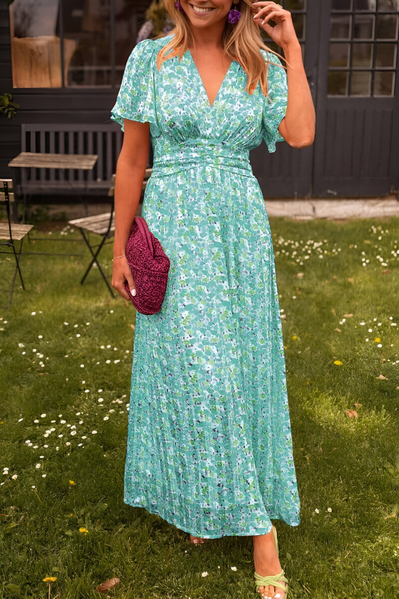 Daisy - Flowy Women's Summer Maxi Dress with V Neck and Ruched Waist