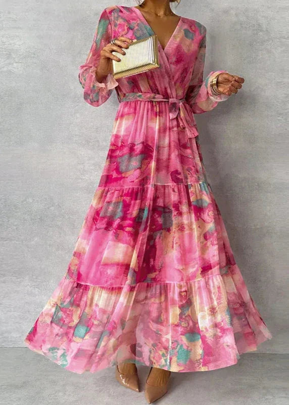 Daisy - Flowy Women's Wedding Guest Maxi Dress with Wrap V Neck and Tiered Skirt