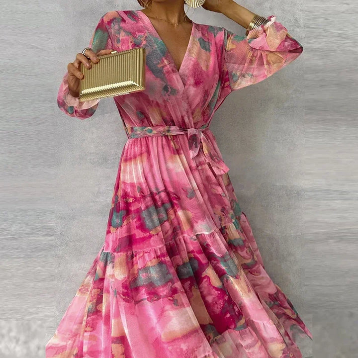 Daisy - Flowy Women's Wedding Guest Maxi Dress with Wrap V Neck and Tiered Skirt