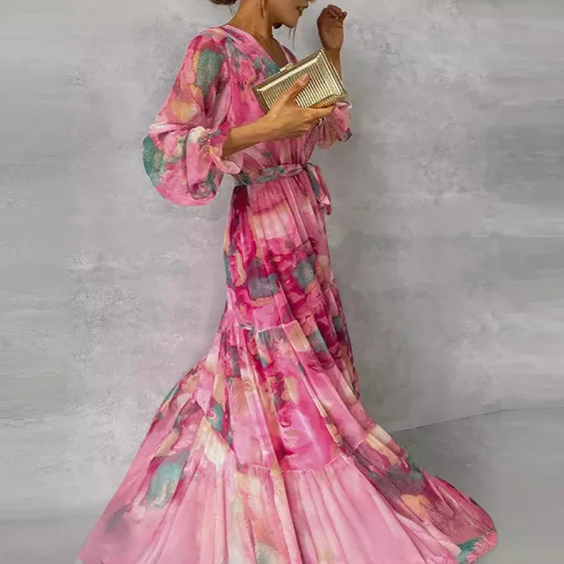 Daisy - Flowy Women's Wedding Guest Maxi Dress with Wrap V Neck and Tiered Skirt