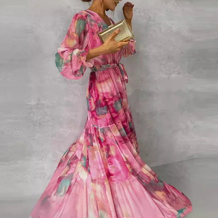 Daisy - Flowy Women's Wedding Guest Maxi Dress with Wrap V Neck and Tiered Skirt