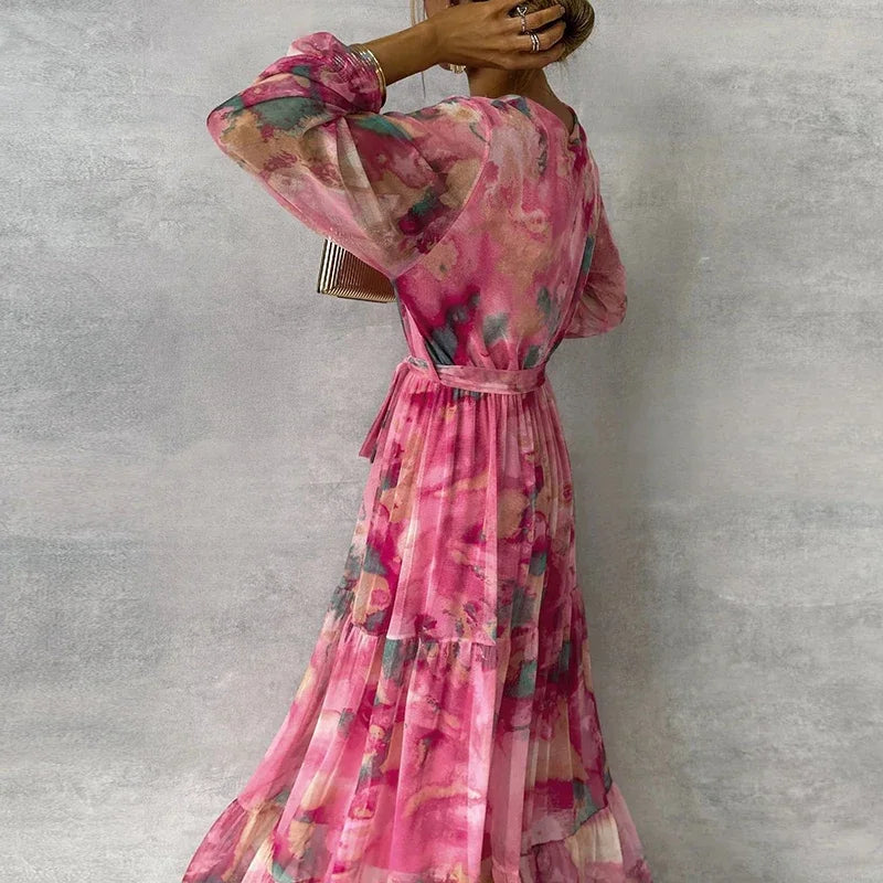 Daisy - Flowy Women's Wedding Guest Maxi Dress with Wrap V Neck and Tiered Skirt