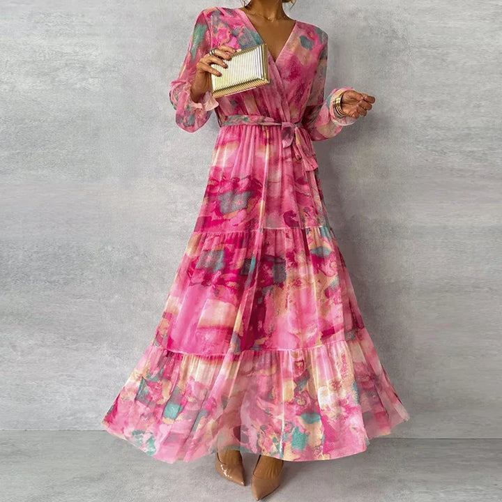 Daisy - Flowy Women's Wedding Guest Maxi Dress with Wrap V Neck and Tiered Skirt