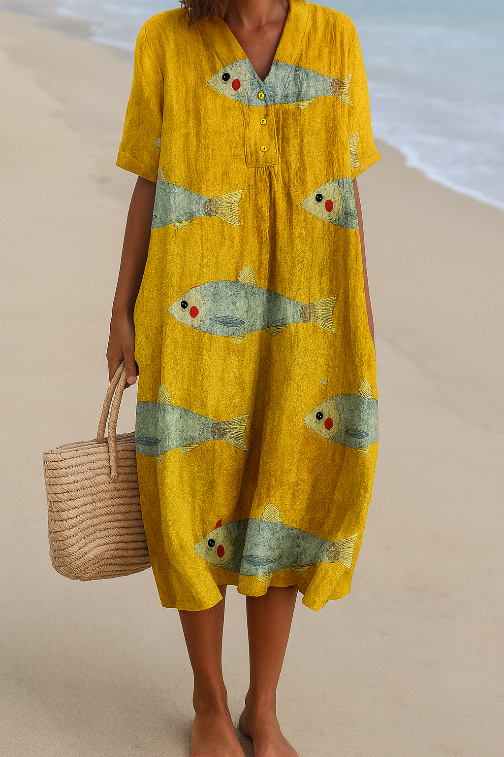 Daisy - Oversized Plus Size Midi Dress for Women with V-Neck and Short Sleeves