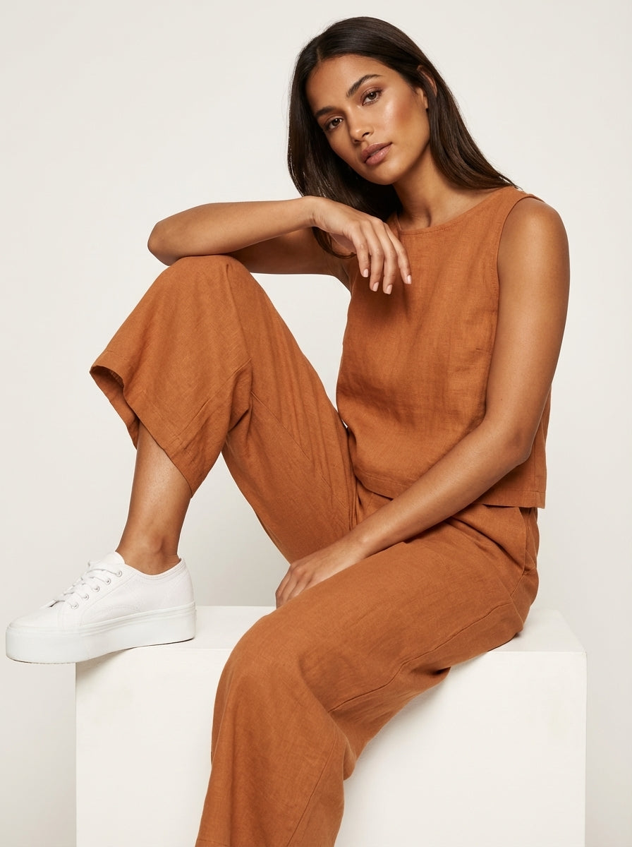 Daisy - Smart Women's Linen Set with Sleeveless Top and Wide Leg Trousers