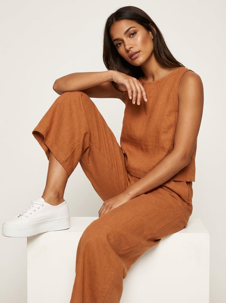 Daisy - Smart Women's Linen Set with Sleeveless Top and Wide Leg Trousers