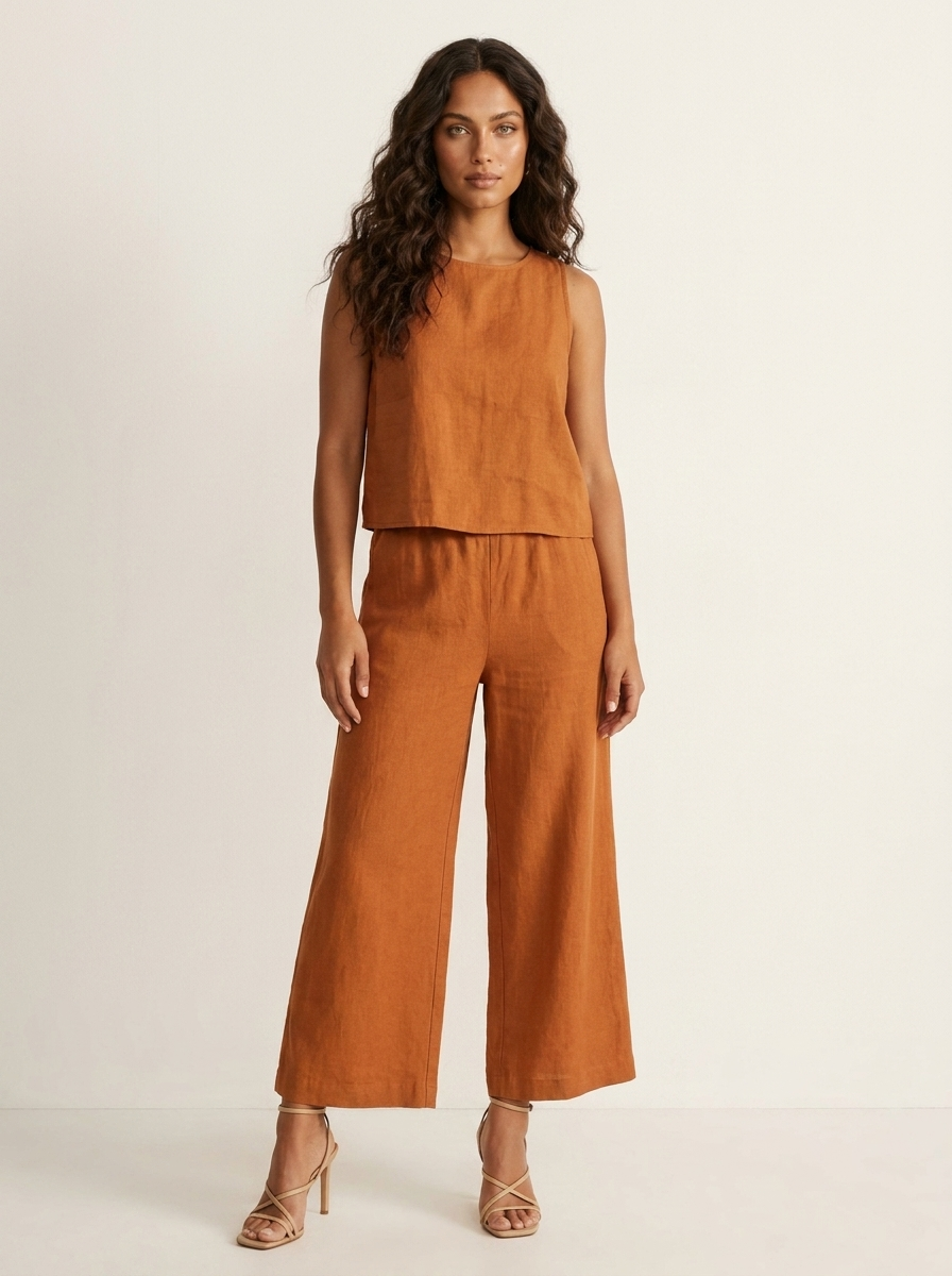 Daisy - Smart Women's Linen Set with Sleeveless Top and Wide Leg Trousers