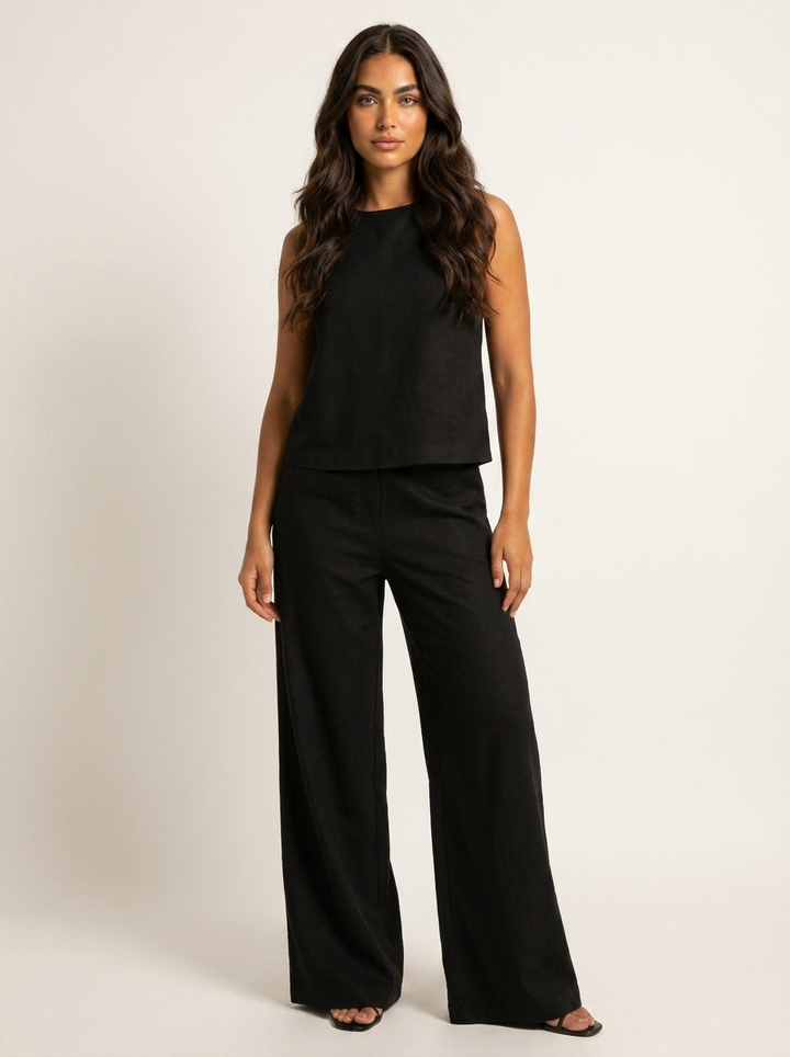 Daisy - Smart Women's Linen Set with Sleeveless Top and Wide Leg Trousers