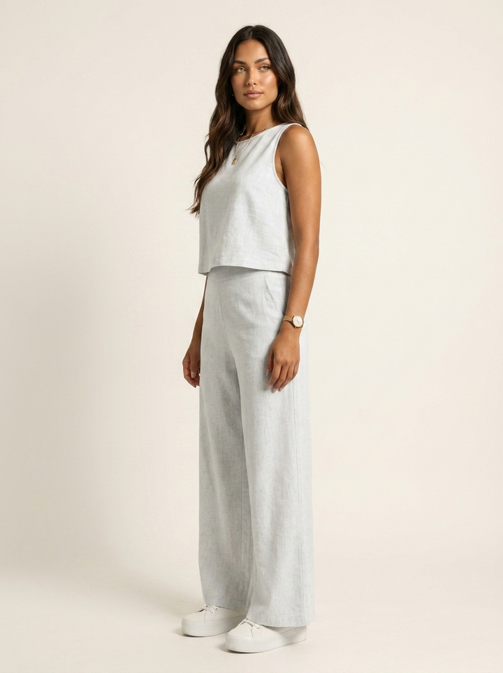 Daisy - Smart Women's Linen Set with Sleeveless Top and Wide Leg Trousers