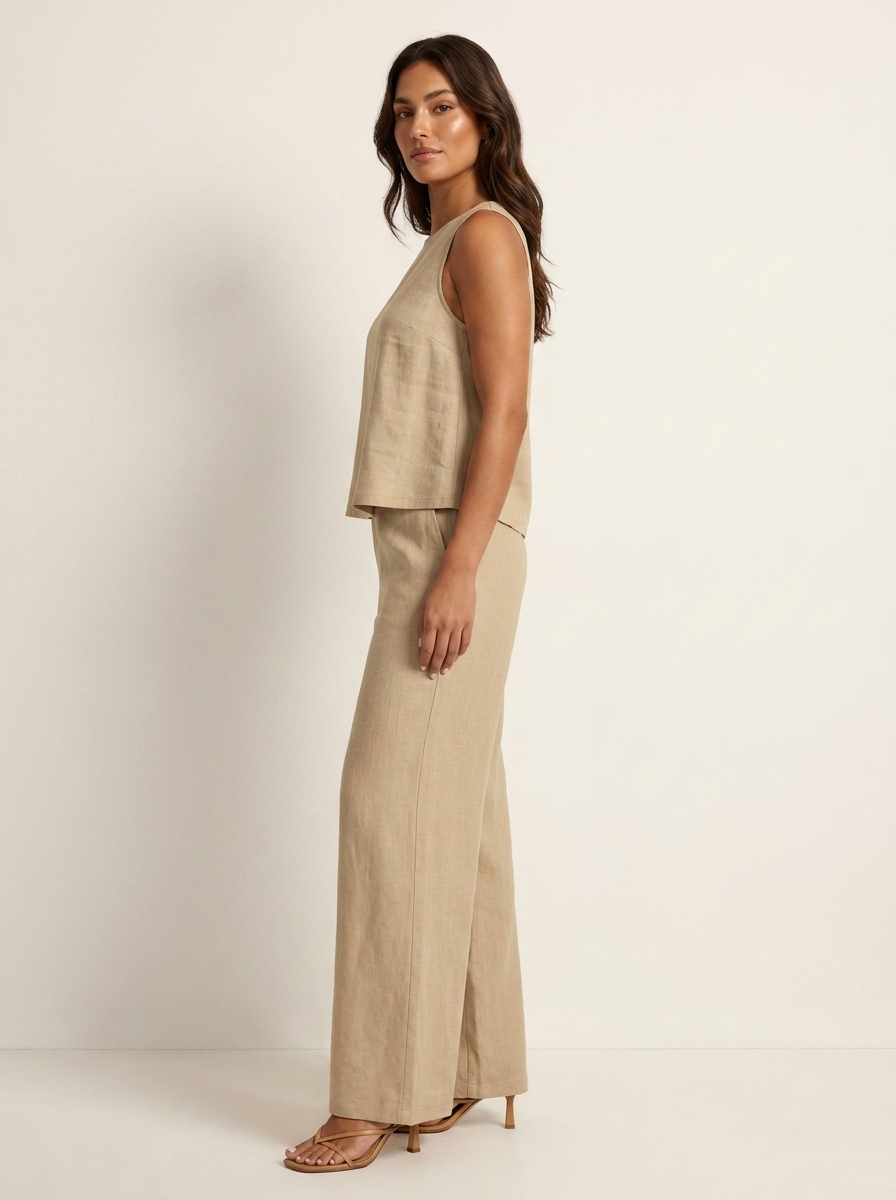Daisy - Smart Women's Linen Set with Sleeveless Top and Wide Leg Trousers