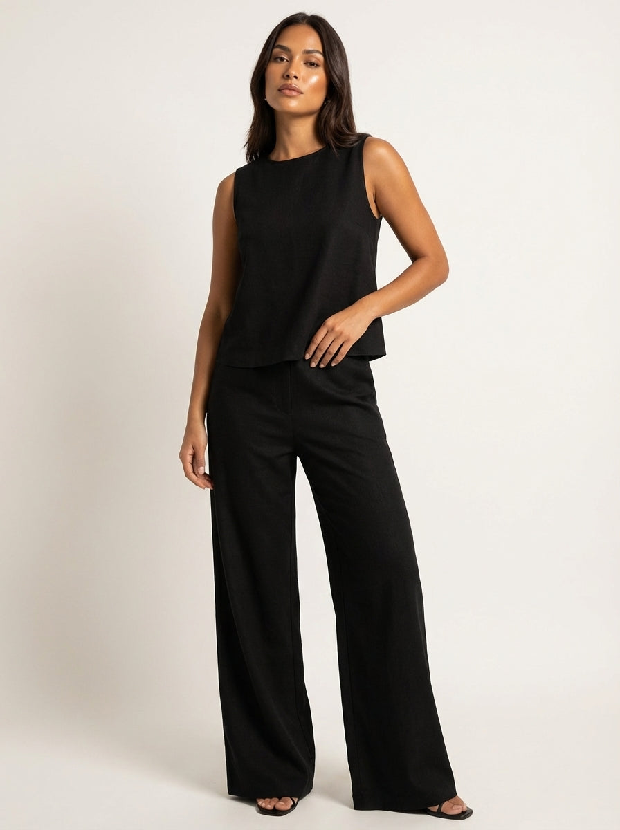Daisy - Smart Women's Linen Set with Sleeveless Top and Wide Leg Trousers