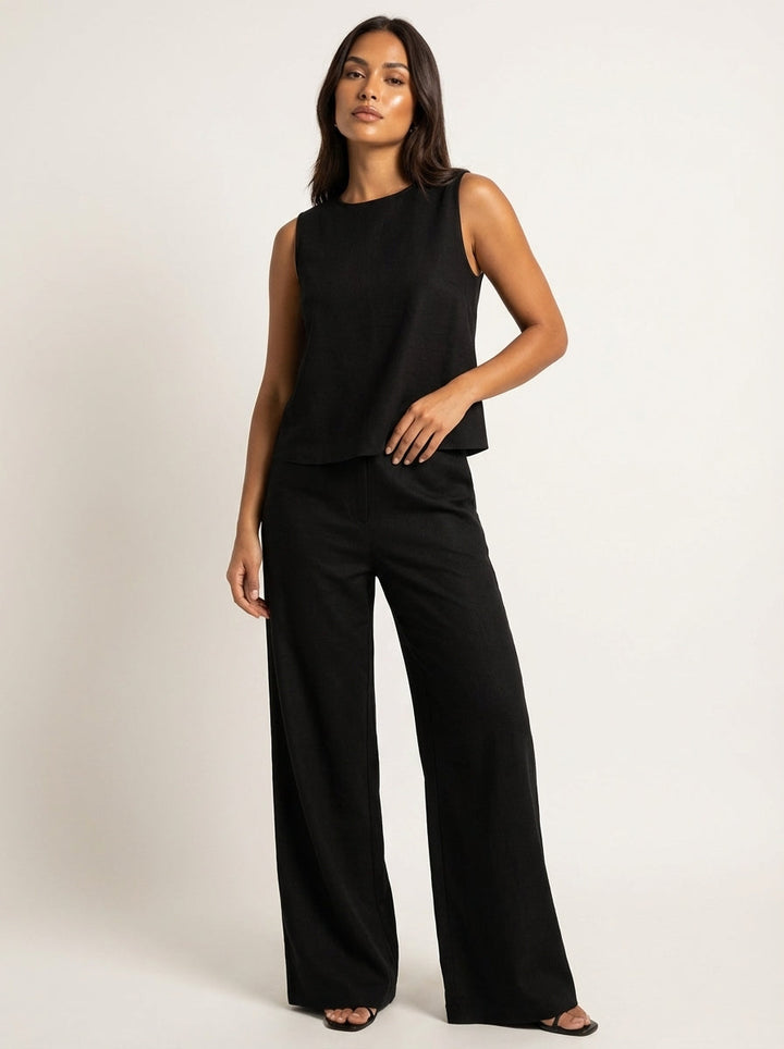 Daisy - Smart Women's Linen Set with Sleeveless Top and Wide Leg Trousers
