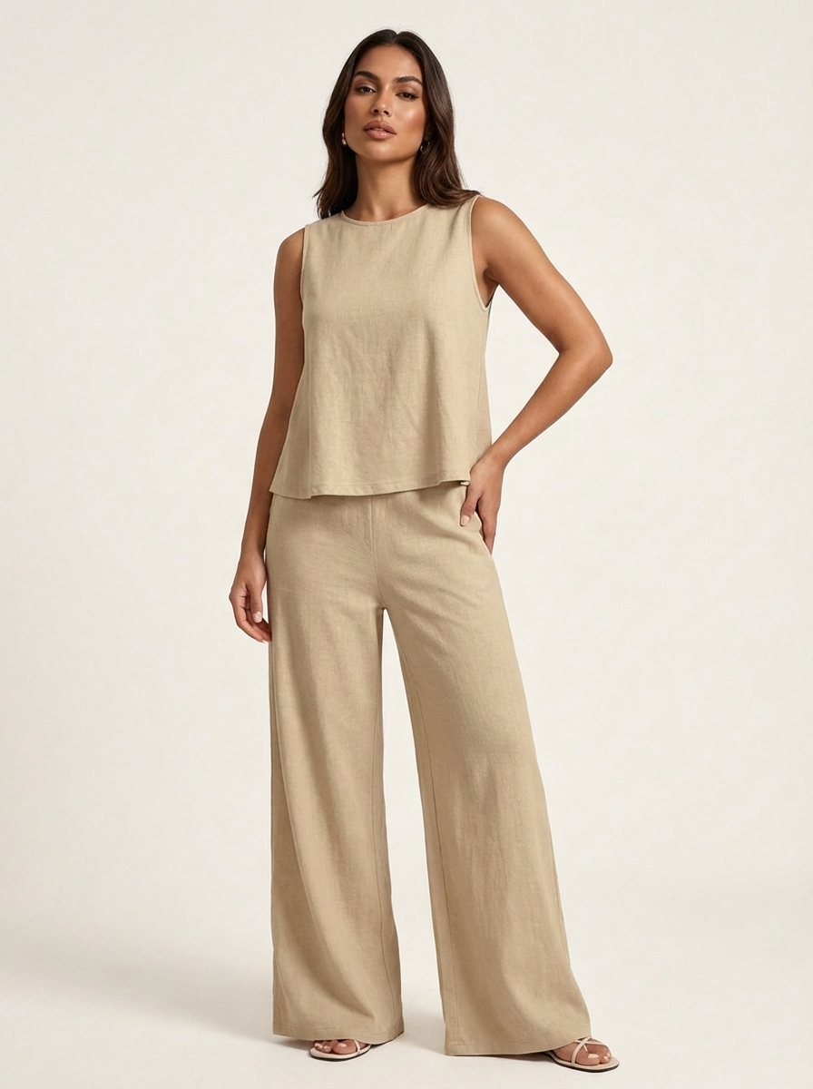 Daisy - Smart Women's Linen Set with Sleeveless Top and Wide Leg Trousers