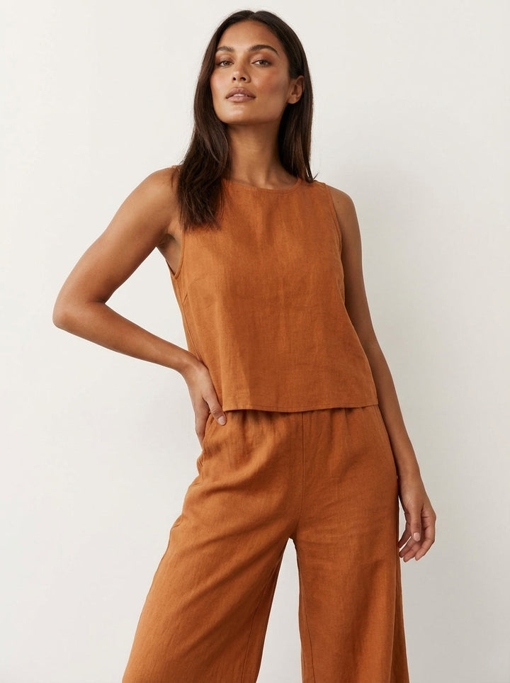 Daisy - Smart Women's Linen Set with Sleeveless Top and Wide Leg Trousers