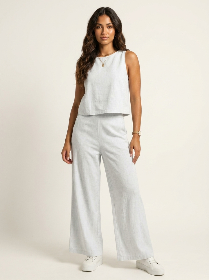 Daisy - Smart Women's Linen Set with Sleeveless Top and Wide Leg Trousers
