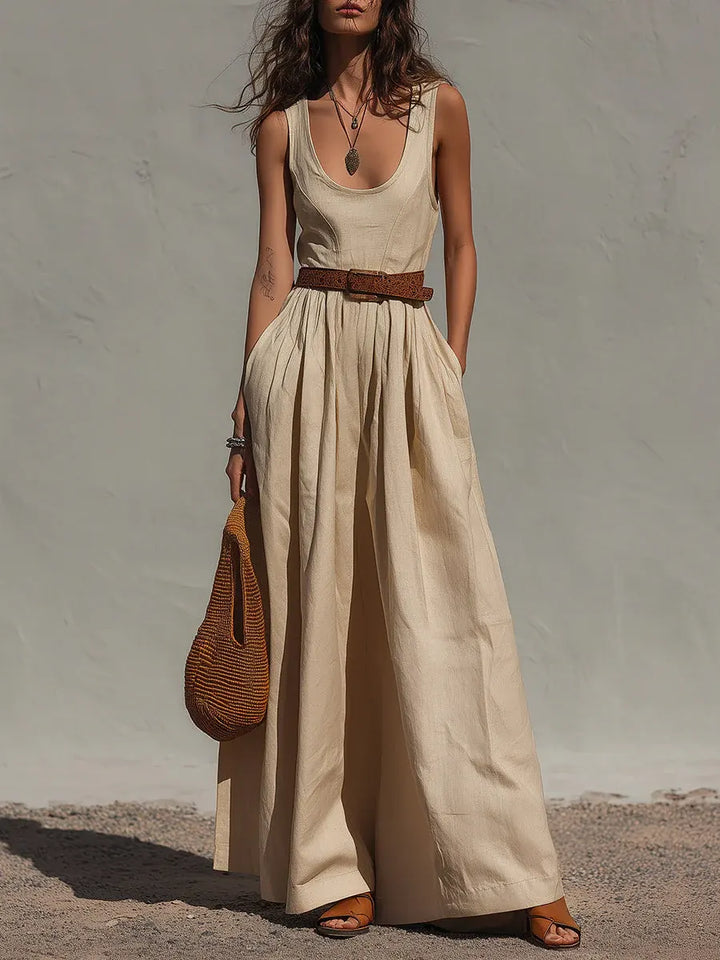 Daisy - Vintage Women's Linen Jumpsuit with Wide Leg and Scoop Neck
