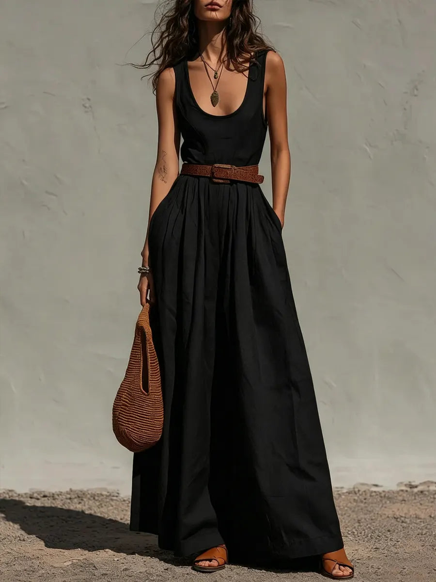 Daisy - Vintage Women's Linen Jumpsuit with Wide Leg and Scoop Neck