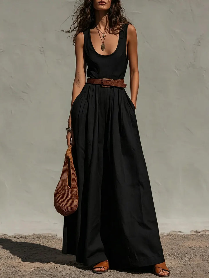 Daisy - Vintage Women's Linen Jumpsuit with Wide Leg and Scoop Neck