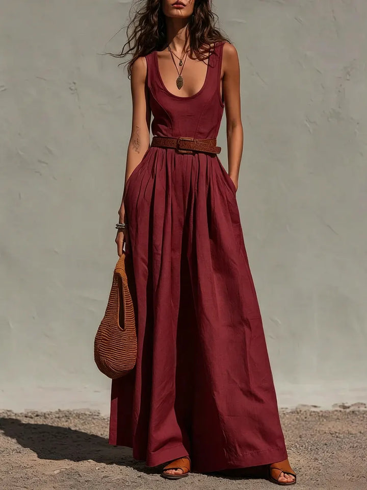 Daisy - Vintage Women's Linen Jumpsuit with Wide Leg and Scoop Neck
