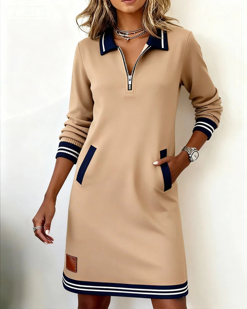 Harriet - Women's knitted midi jumper dress with quarter zip collar