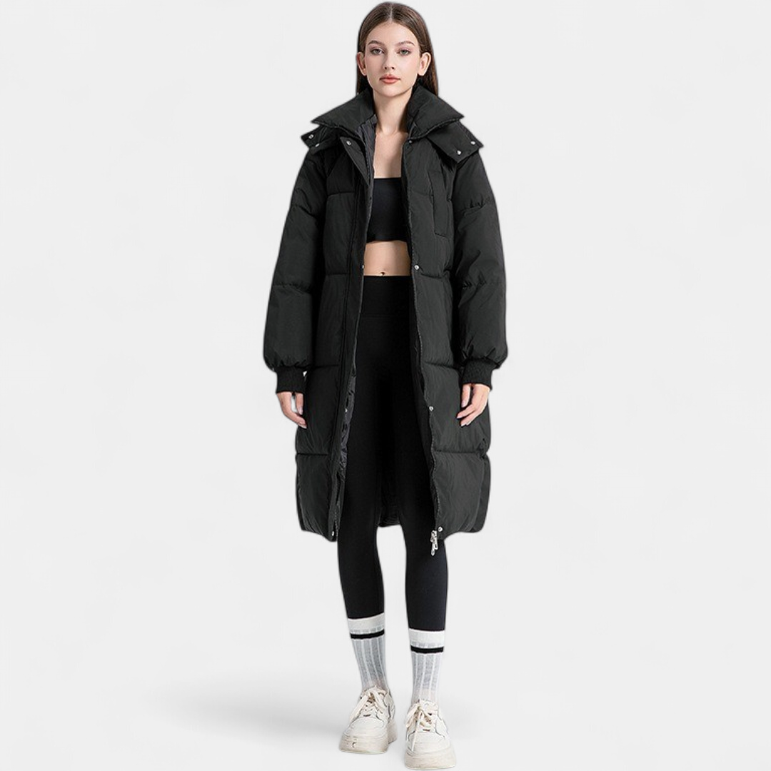 Daisy - Women’s long oversized winter puffer coat with hood and ribbed cuffs