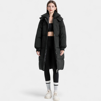 Daisy - Women’s long oversized winter puffer coat with hood and ribbed cuffs