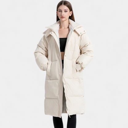 Daisy - Women’s long oversized winter puffer coat with hood and ribbed cuffs
