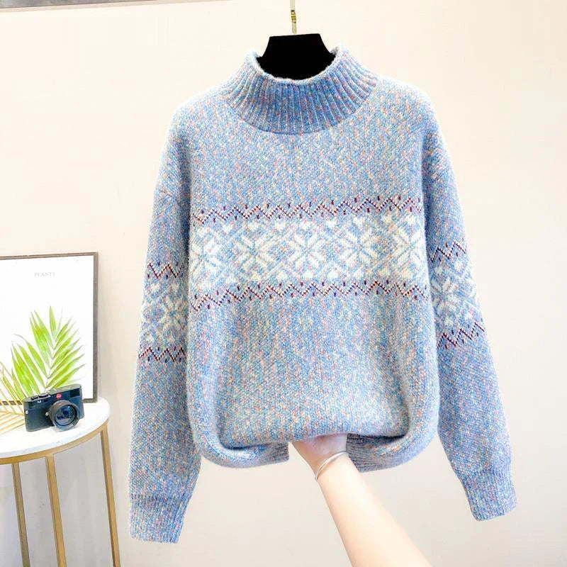 Daisy - Women's oversized knitted fair isle jumper with high neck