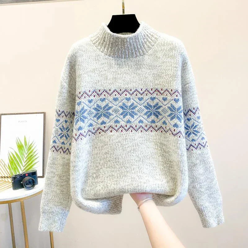 Daisy - Women's oversized knitted fair isle jumper with high neck