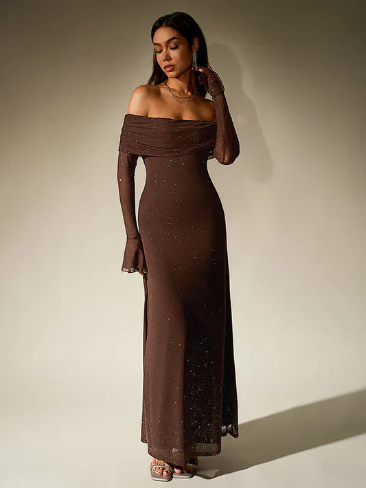 Eleanor - Women's sparkly sequin maxi party dress with off shoulder long sleeve