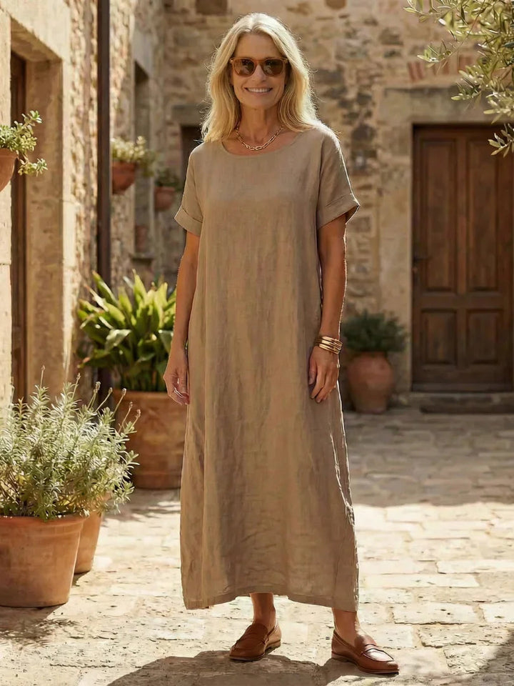 Ella - Casual Women's Linen Dress with Scoop Neckline and Short Sleeves