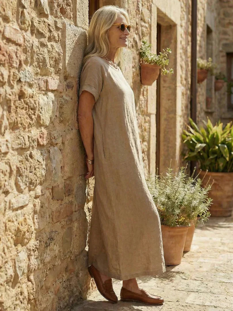 Ella - Casual Women's Linen Dress with Scoop Neckline and Short Sleeves