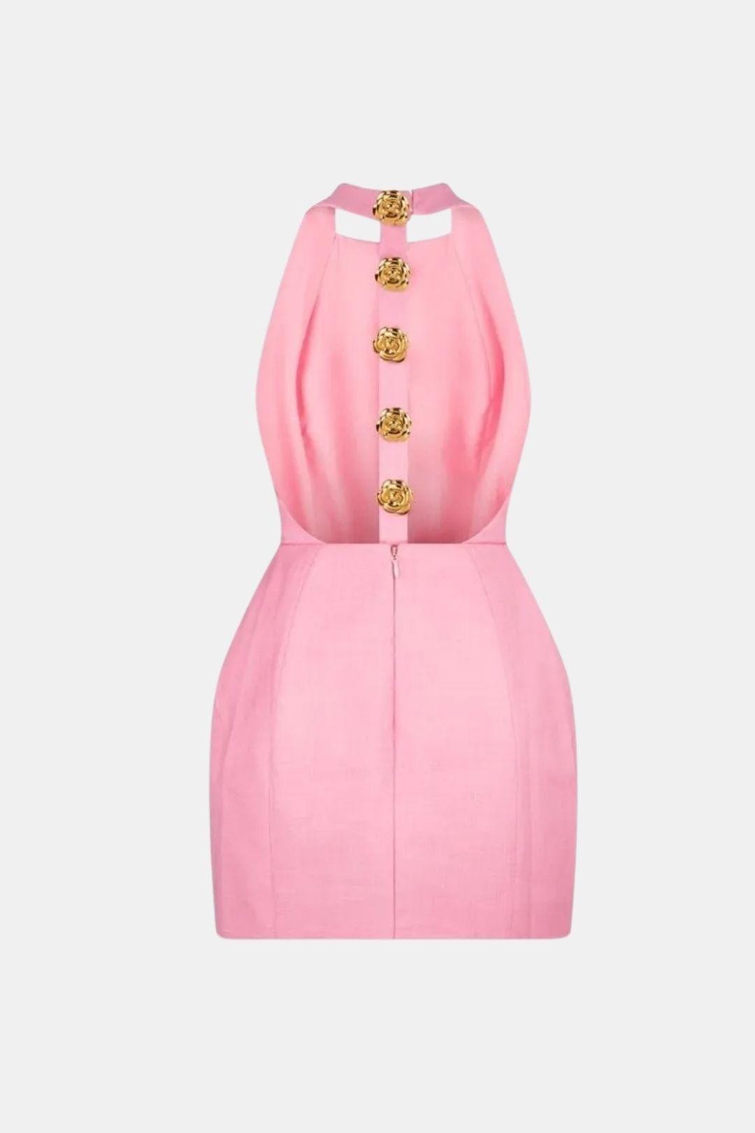 Ella - Chic Women's Mini Dress with Gold Button Front and Sleeveless Fitted Silhouette