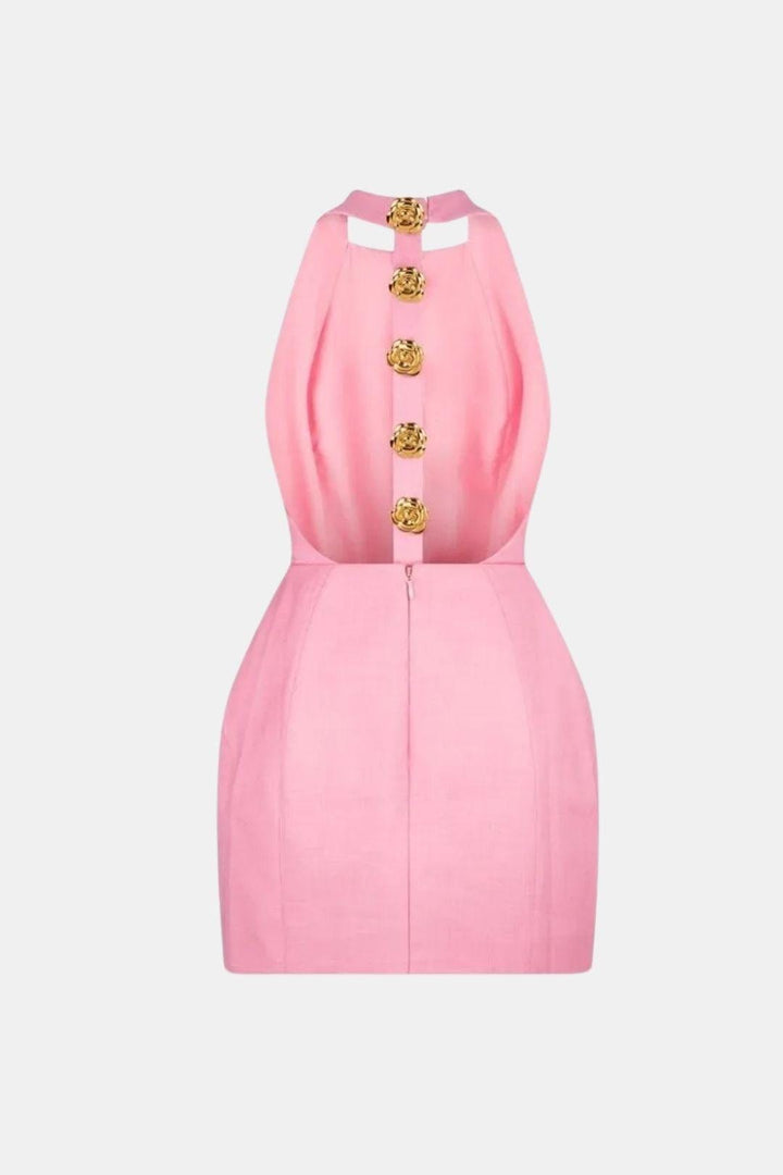Ella - Chic Women's Mini Dress with Gold Button Front and Sleeveless Fitted Silhouette