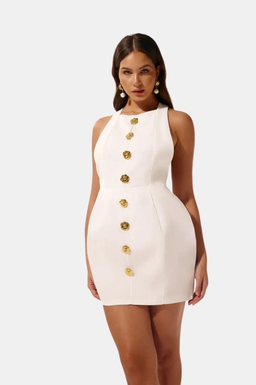 Ella - Chic Women's Mini Dress with Gold Button Front and Sleeveless Fitted Silhouette