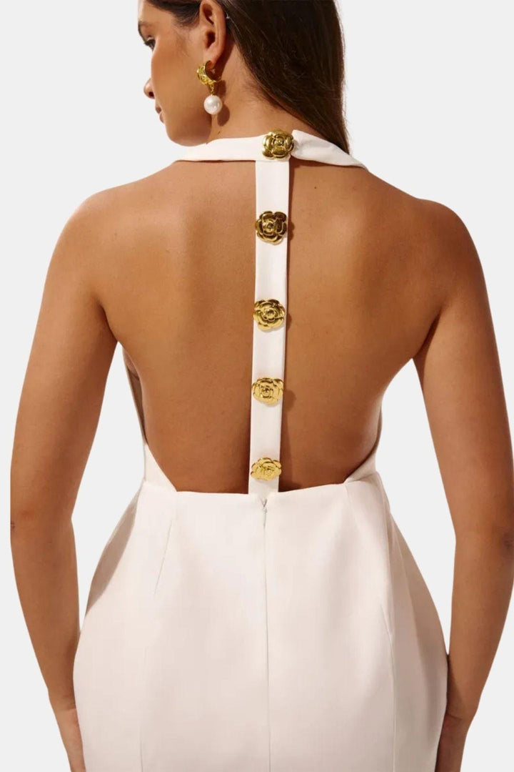 Ella - Chic Women's Mini Dress with Gold Button Front and Sleeveless Fitted Silhouette
