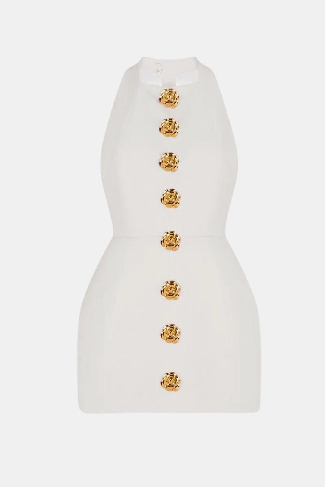 Ella - Chic Women's Mini Dress with Gold Button Front and Sleeveless Fitted Silhouette