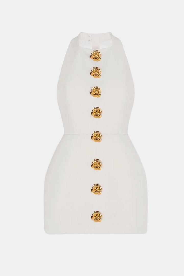 Ella - Chic Women's Mini Dress with Gold Button Front and Sleeveless Fitted Silhouette