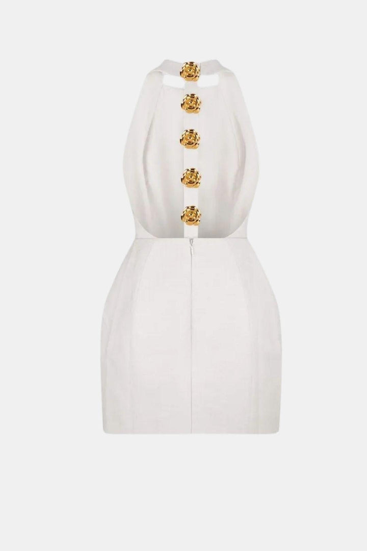 Ella - Chic Women's Mini Dress with Gold Button Front and Sleeveless Fitted Silhouette