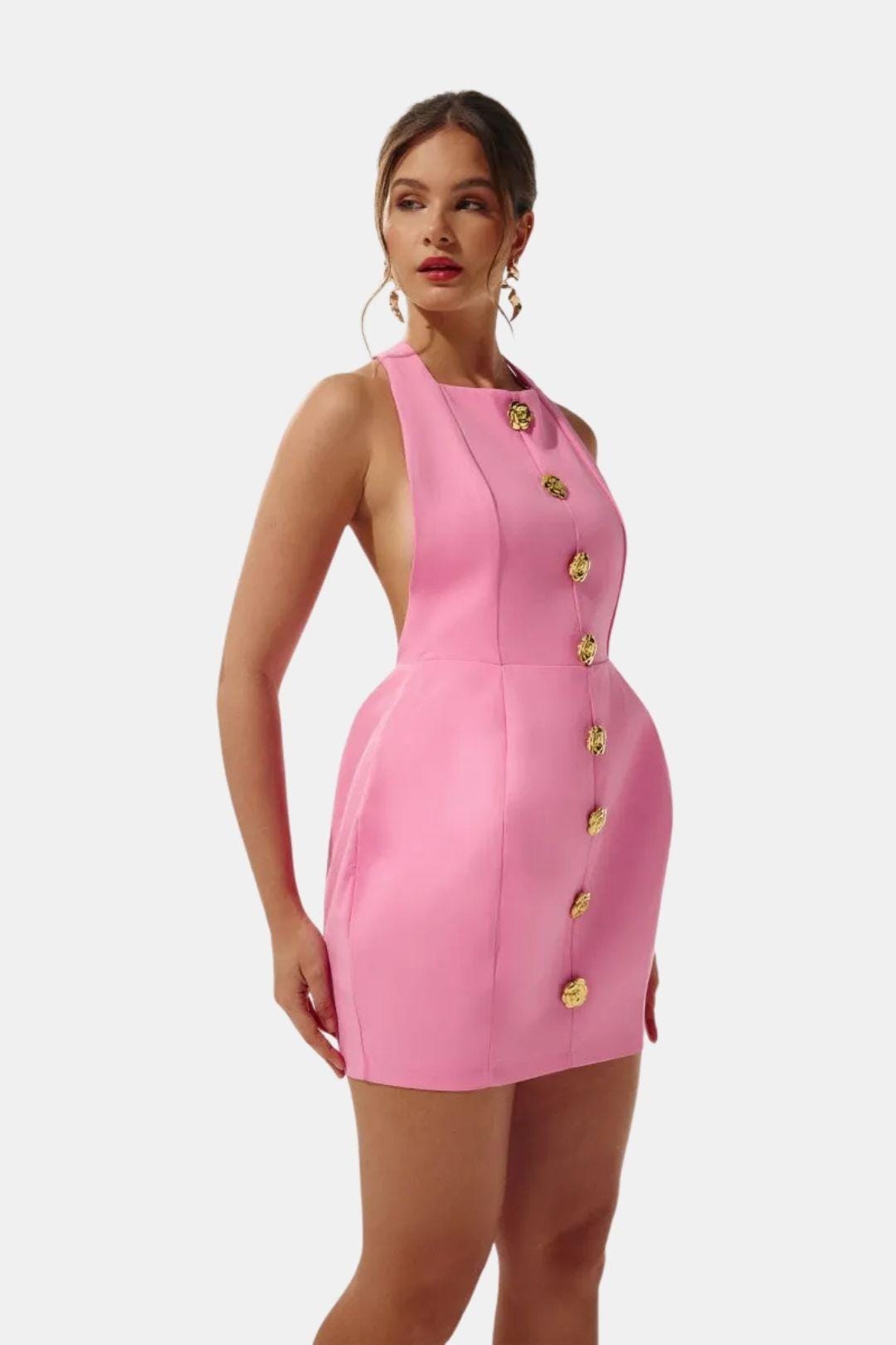 Ella - Chic Women's Mini Dress with Gold Button Front and Sleeveless Fitted Silhouette
