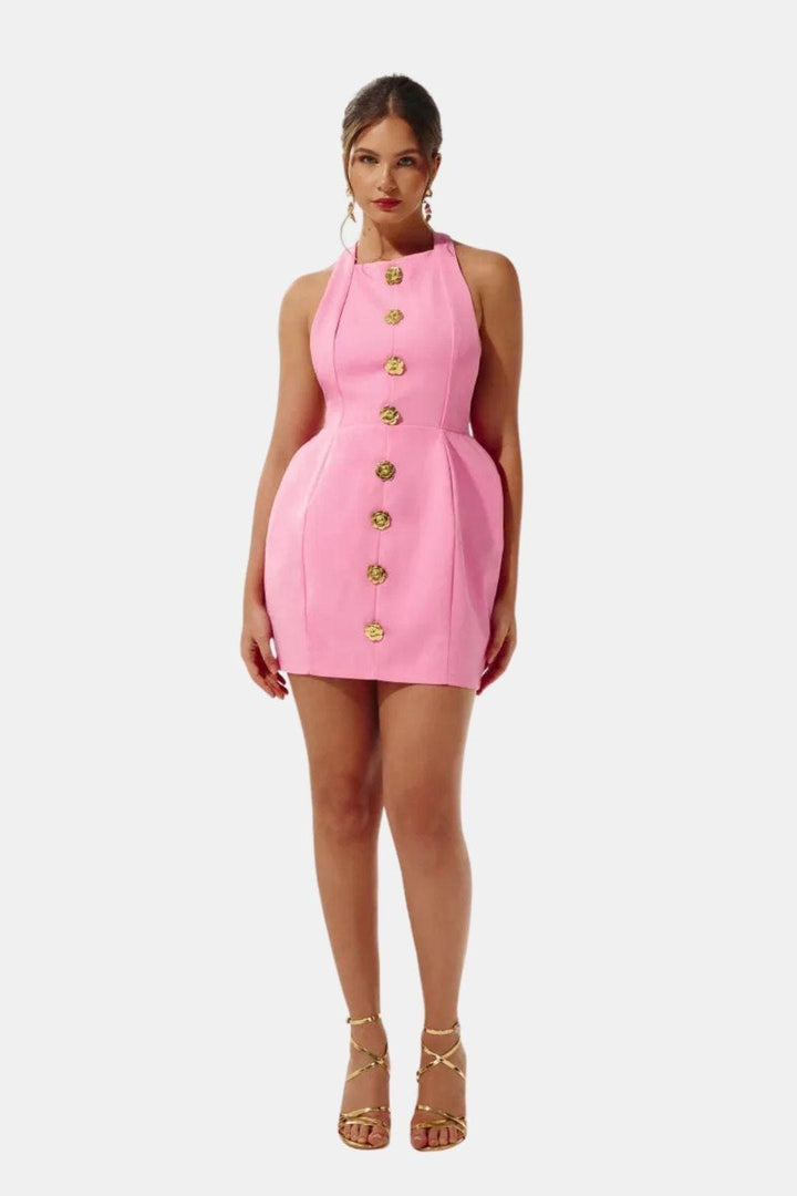 Ella - Chic Women's Mini Dress with Gold Button Front and Sleeveless Fitted Silhouette