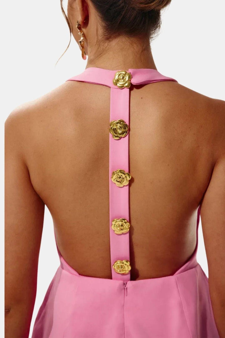 Ella - Chic Women's Mini Dress with Gold Button Front and Sleeveless Fitted Silhouette