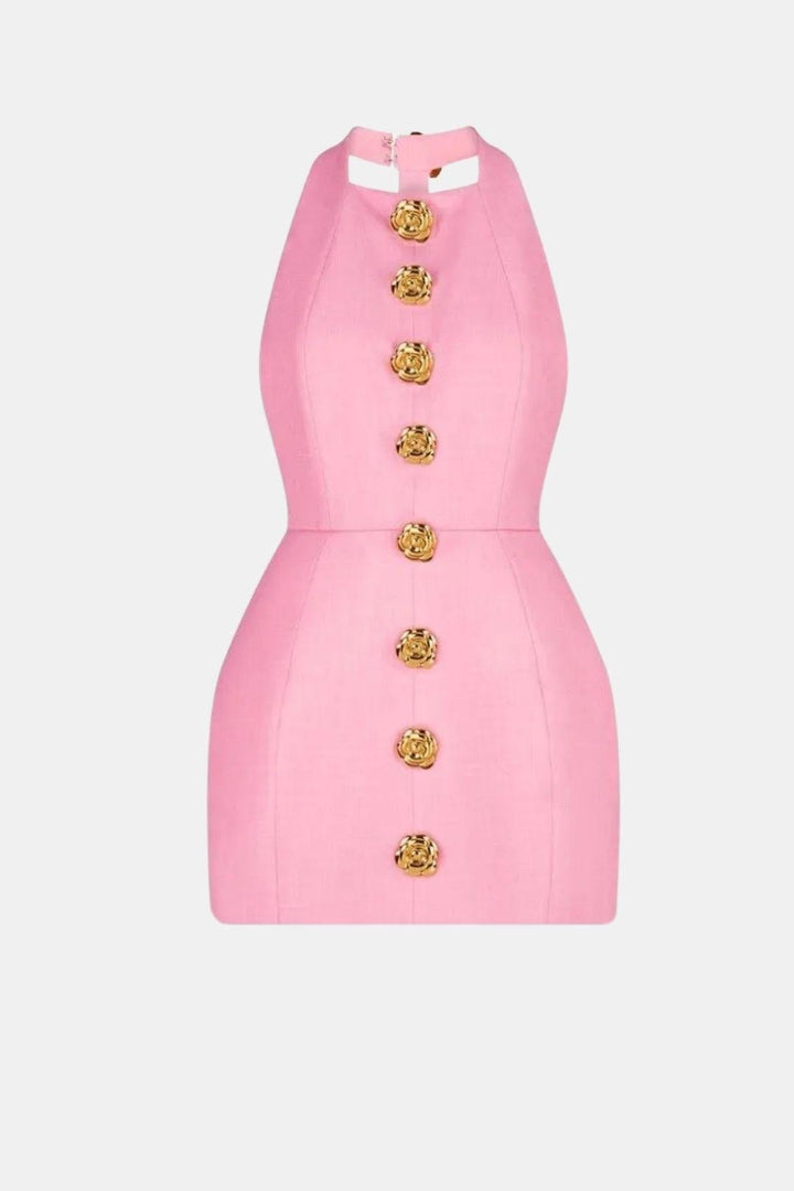 Ella - Chic Women's Mini Dress with Gold Button Front and Sleeveless Fitted Silhouette