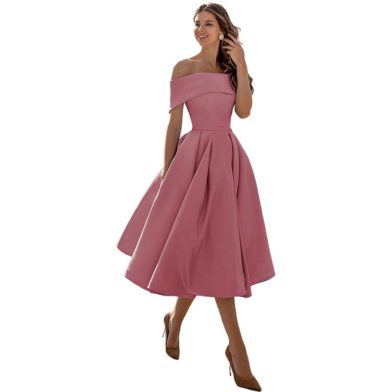 Ella - Elegant Women's Wedding Guest Dress with Off Shoulder Neckline and Full A-Line Skirt